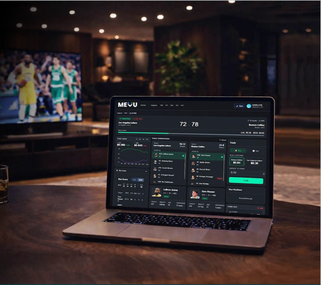 MeVu desktop terminal showing prediction markets from Kalshi and Polymarket